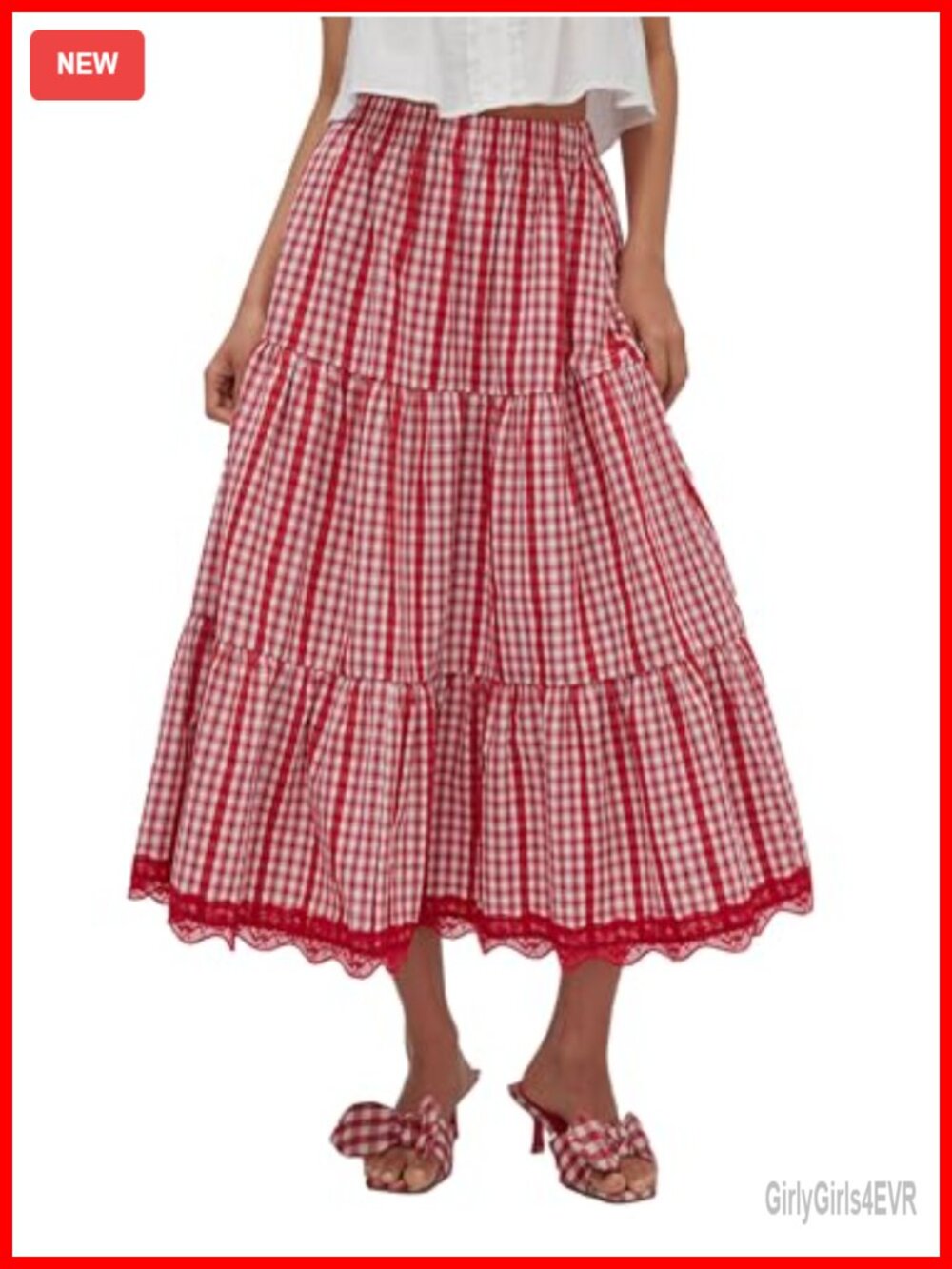 Plaid Maxi Skirt A-Line Elastic Waist Ruffle Hem Flowy Summer Casual